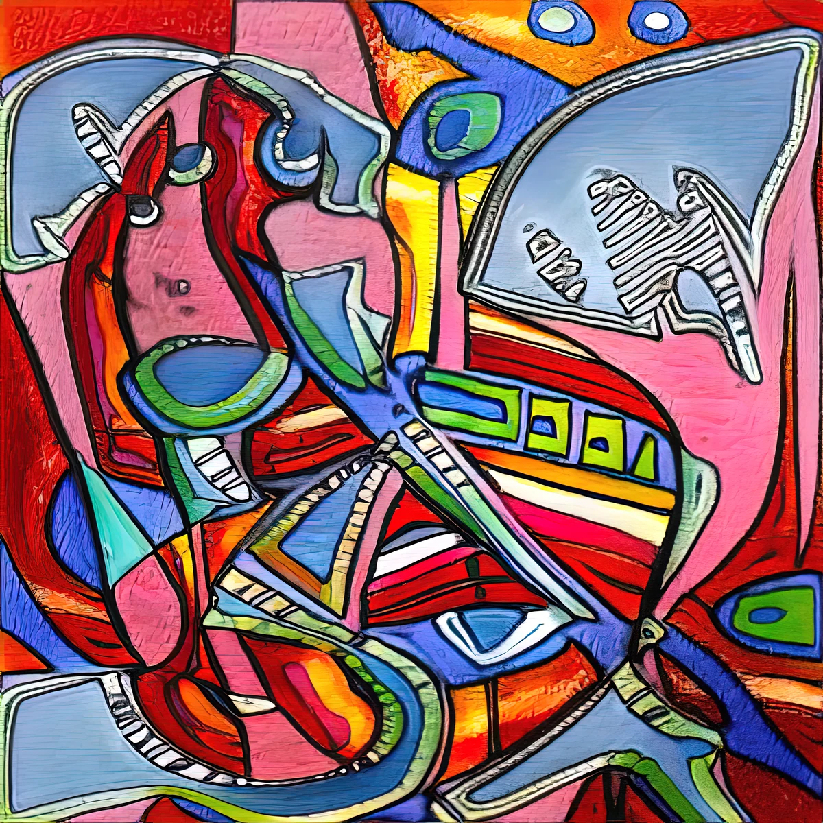 Ubuntu, a colourful abstract artwork with interlocking forms in red, pink, blue and green